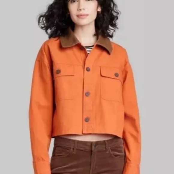 NWT Women' Cropped Canva Surplus Shacket - Wild Fable™ rust with corduroy collar - Picture 1 of 12